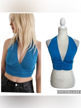 Garage Turquoise 90’s Halter Slinky Crop Top with Ruched Front Size Medium